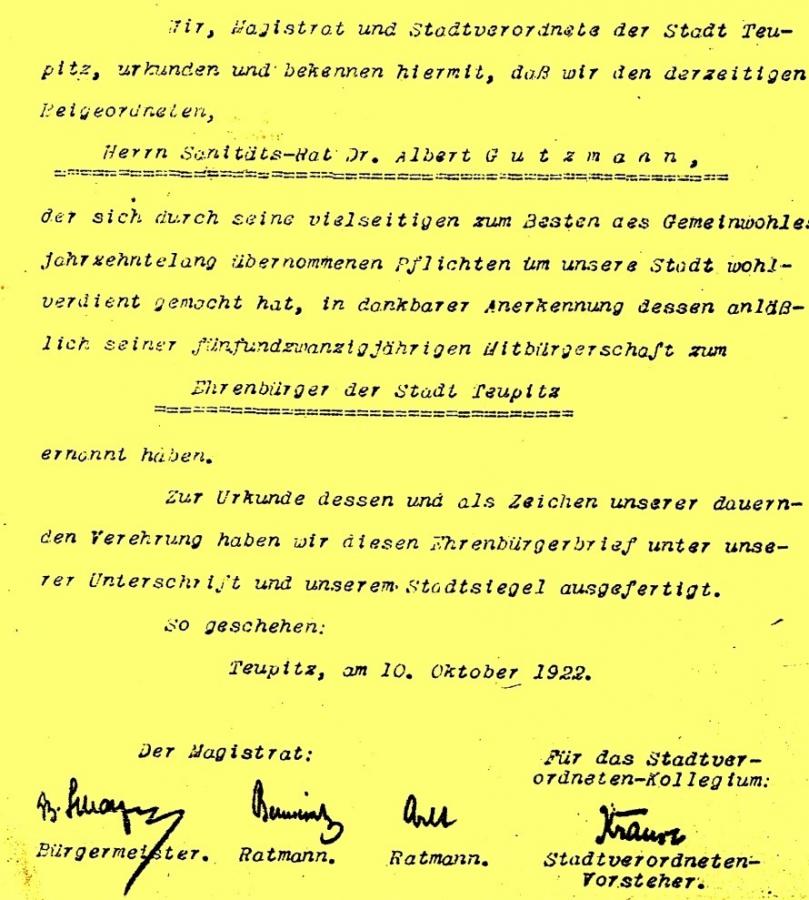 Verleihung der Ehrenbürgerschaft anlässlich des 25-jährigen Jubiläums als Bürger der Stadt  am 10. Oktober 1922