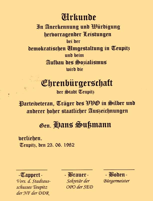 Verleihung der Ehrenbürgerschaft anlässlich seines 85. Geburtstags  am 23. Juni 1982